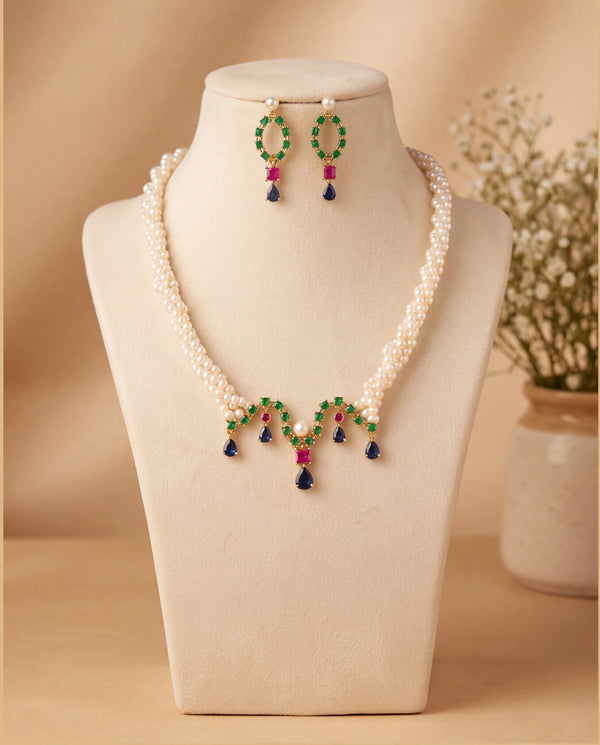Royal Gemstone Festoon Pearl Set with Emerald, Ruby, and Sapphire Accents