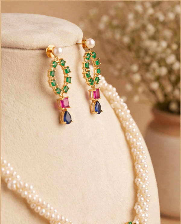 Royal Gemstone Festoon Pearl Set with Emerald, Ruby, and Sapphire Accents