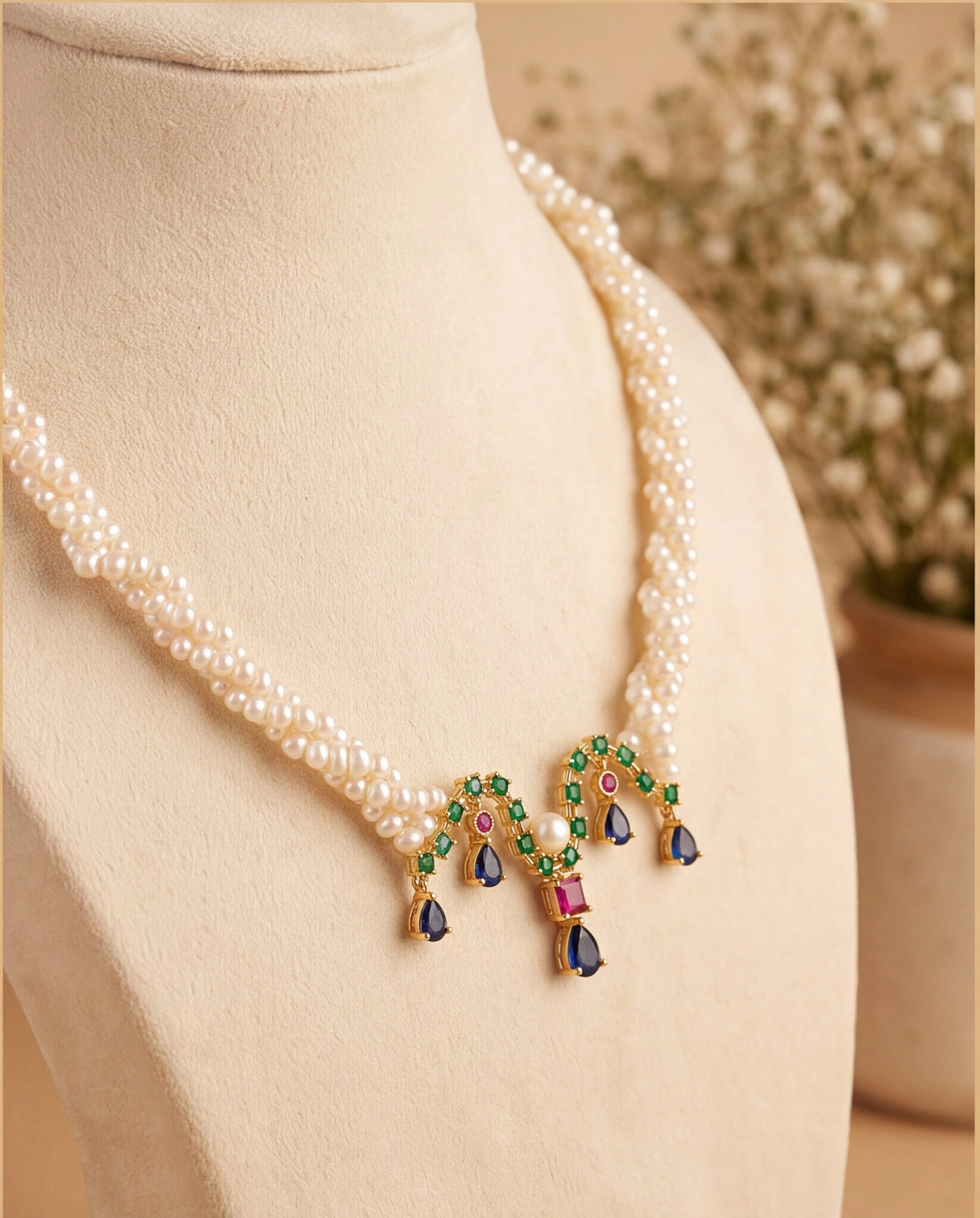 Royal Gemstone Festoon Pearl Set with Emerald, Ruby, and Sapphire Accents