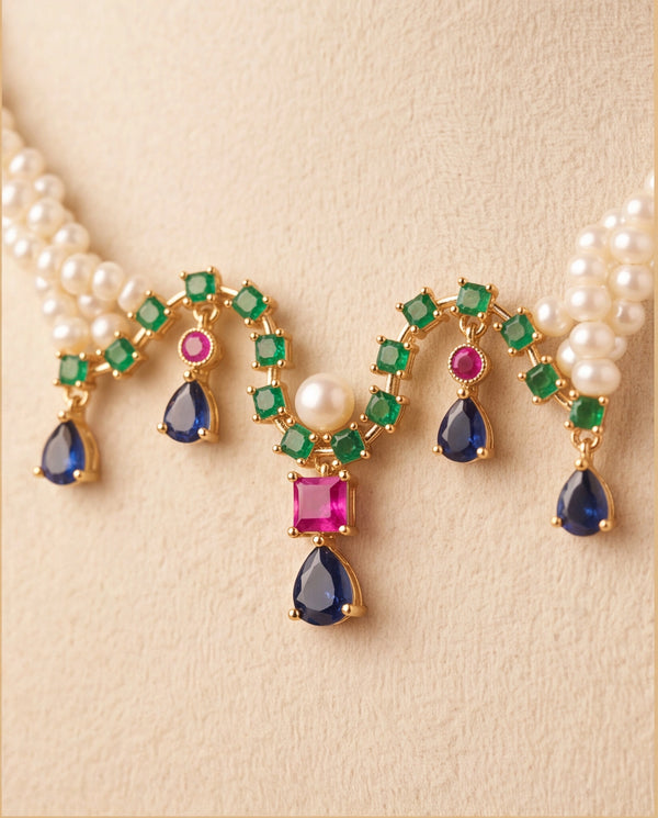 Royal Gemstone Festoon Pearl Set with Emerald, Ruby, and Sapphire Accents