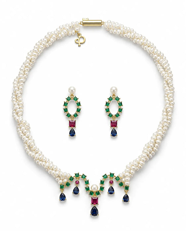 Royal Gemstone Festoon Pearl Set with Emerald, Ruby, and Sapphire Accents