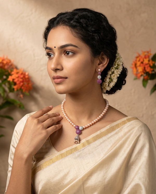 Charming Single-Strand Pink Pearl Jewellery Set