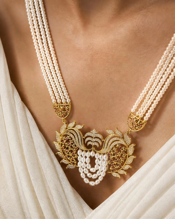 Multi-Strand Pearl Rani Haar Necklace Set with Peacock Floral CZ