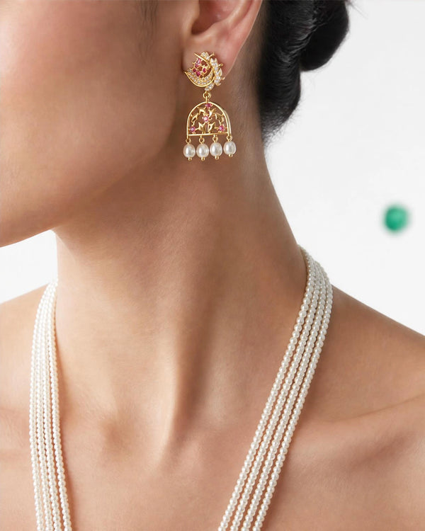 Multi-Strand Pearl Rani Haar Necklace Set with Peacock Floral CZ