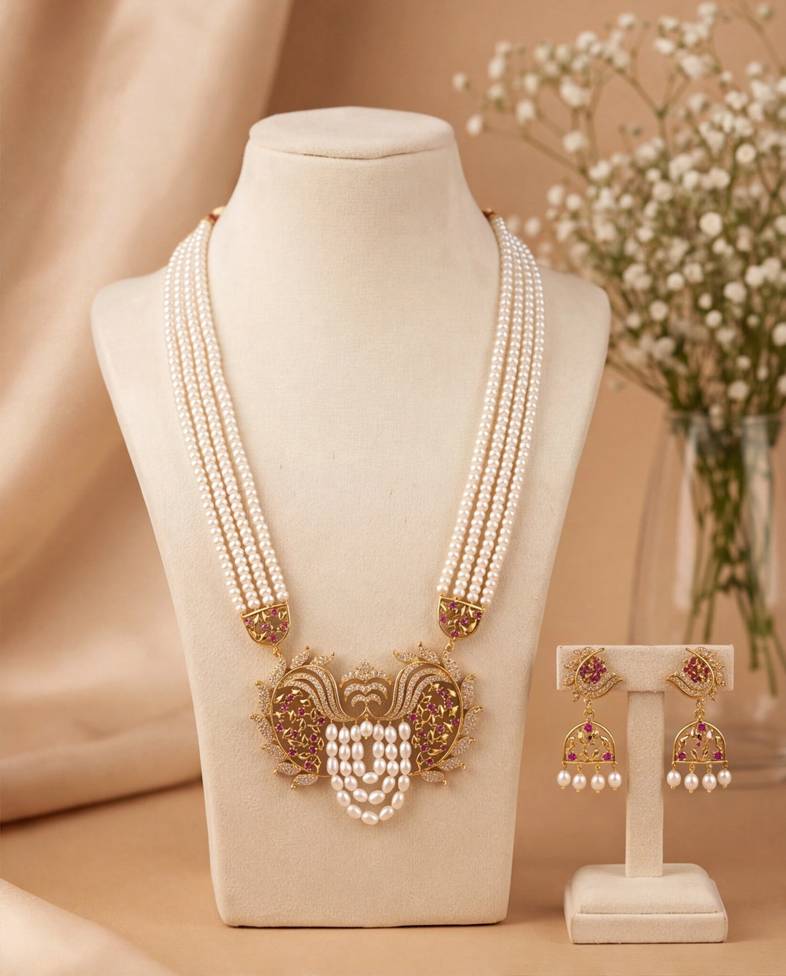Multi-Strand Pearl Rani Haar Necklace Set with Peacock Floral CZ