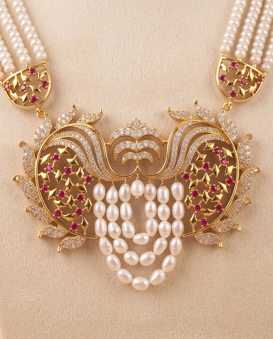 Multi-Strand Pearl Rani Haar Necklace Set with Peacock Floral CZ