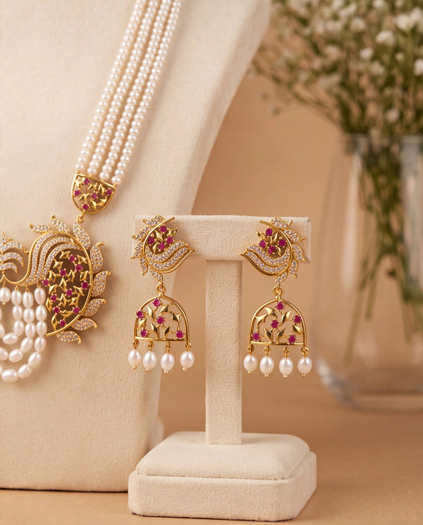 Multi-Strand Pearl Rani Haar Necklace Set with Peacock Floral CZ