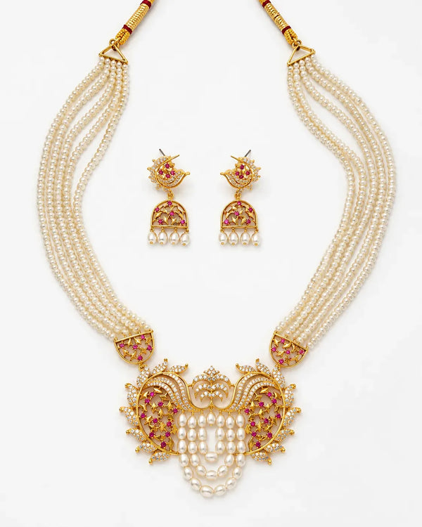 Multi-Strand Pearl Rani Haar Necklace Set with Peacock Floral CZ