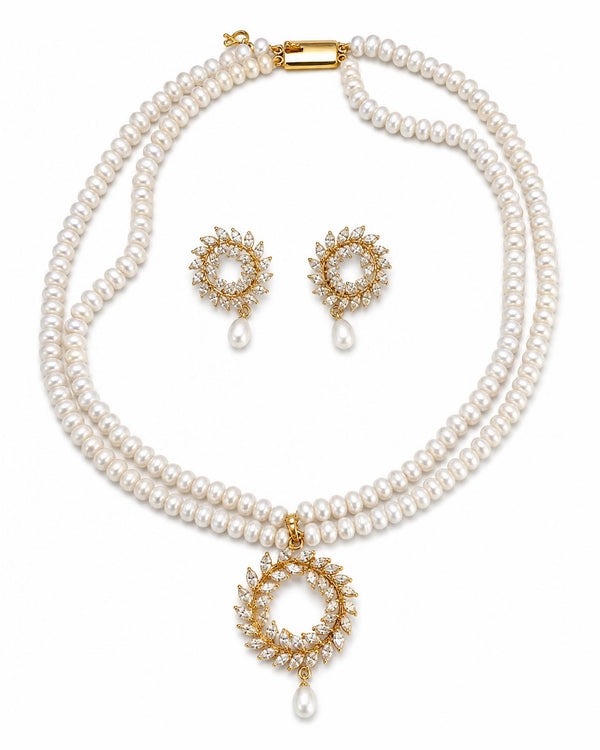 Elegant Double-Strand Gold Plated Wreath motif Pearl Jewellery Set
