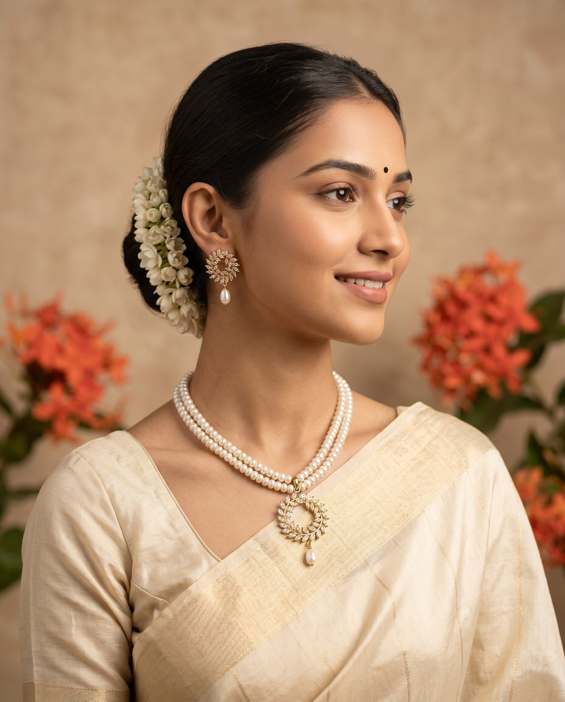 Elegant Double-Strand Gold Plated Wreath motif Pearl Jewellery Set