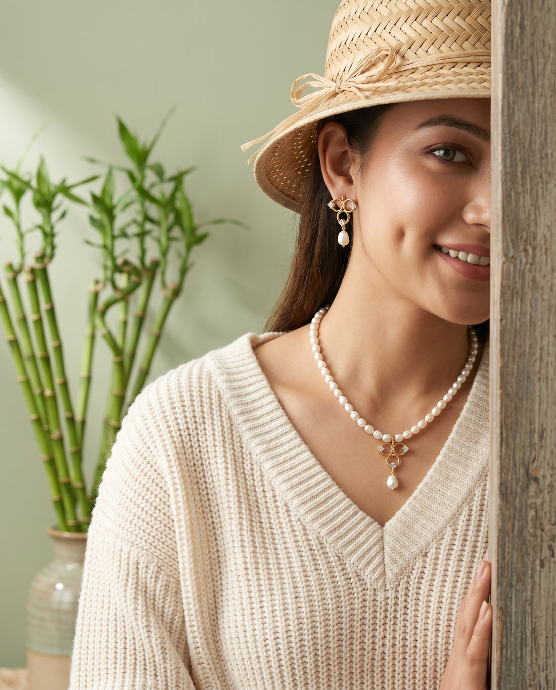 Gold Plated Geometric Open-Loop Pearl Jewellery Set