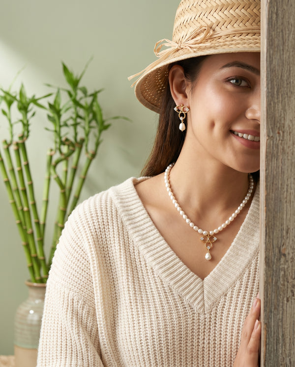 Gold Plated Geometric Open-Loop Pearl Jewellery Set