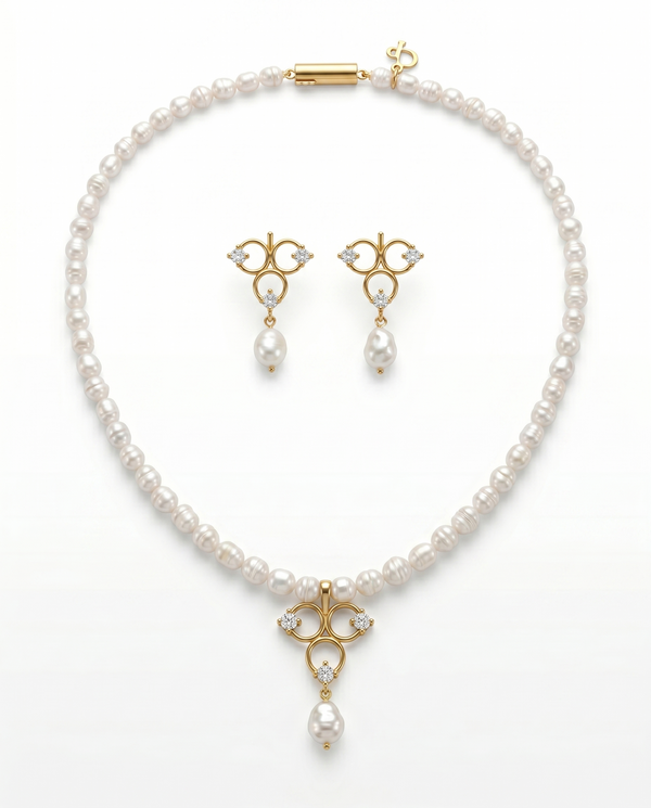 Gold Plated Geometric Open-Loop Pearl Jewellery Set