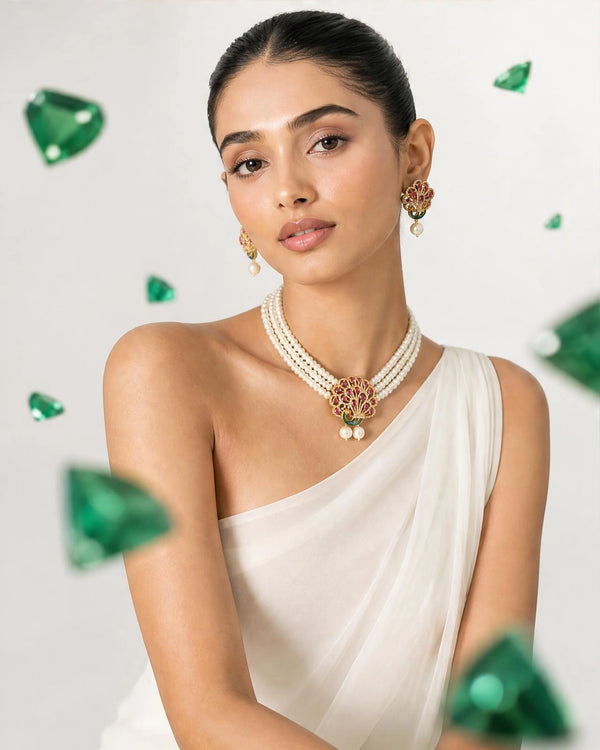 Royal Peacock Feather Motif Pearl Set with Green Enamel & Ruby CZ