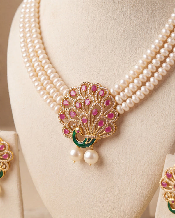 Royal Peacock Feather Motif Pearl Set with Green Enamel & Ruby CZ