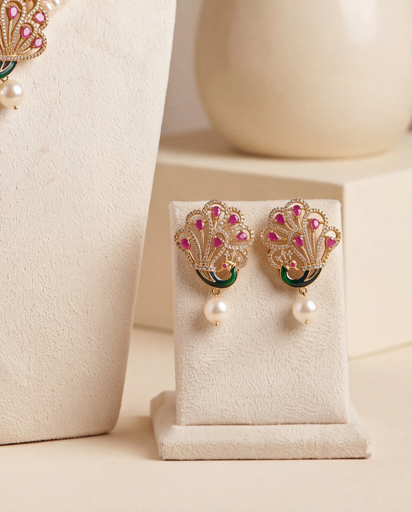 Royal Peacock Feather Motif Pearl Set with Green Enamel & Ruby CZ