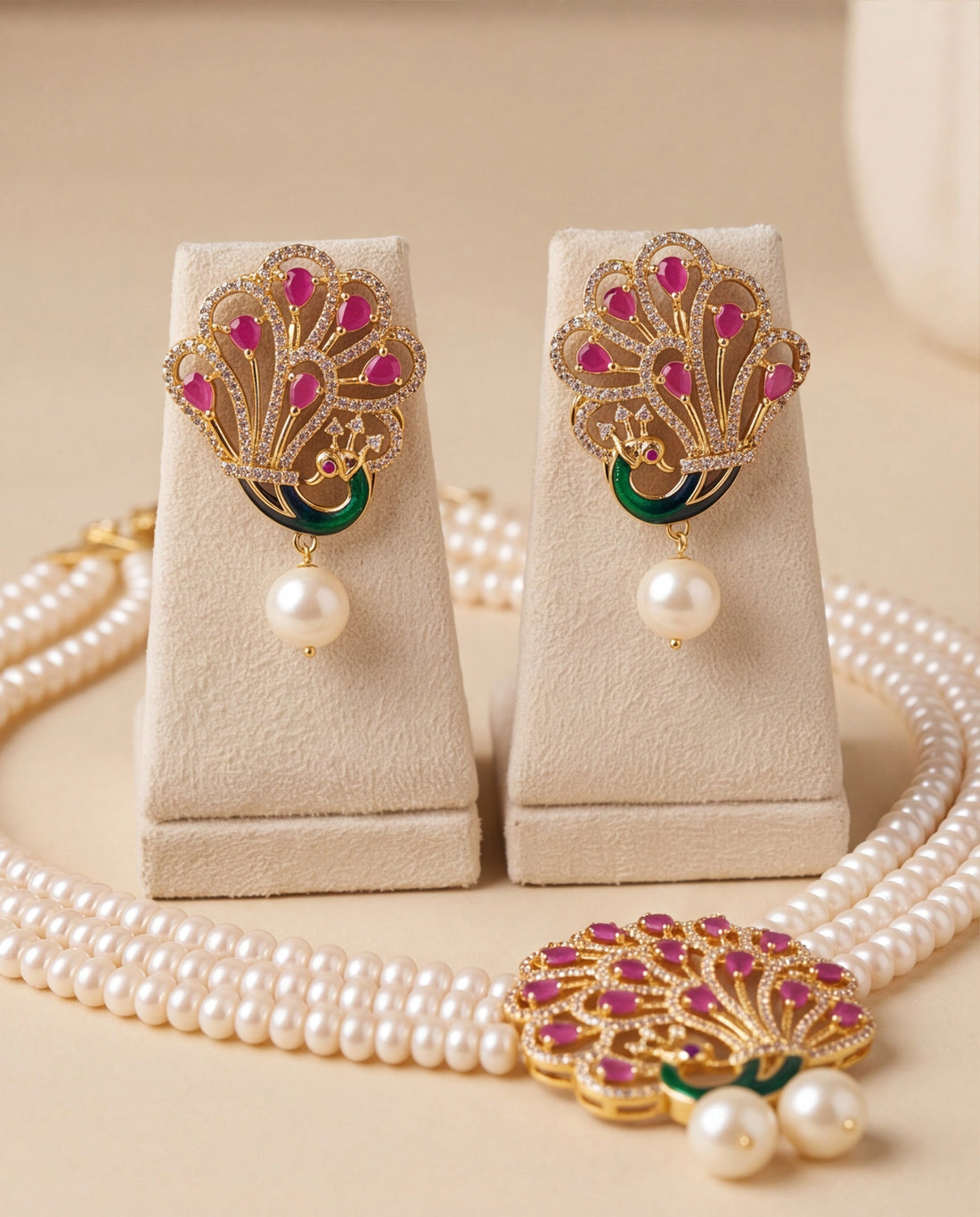 Royal Peacock Feather Motif Pearl Set with Green Enamel & Ruby CZ