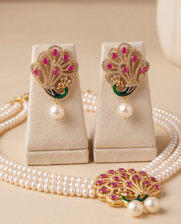 Royal Peacock Feather Motif Pearl Set with Green Enamel & Ruby CZ