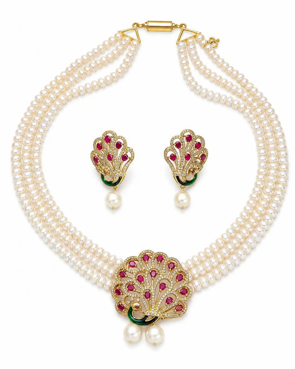 Royal Peacock Feather Motif Pearl Set with Green Enamel & Ruby CZ
