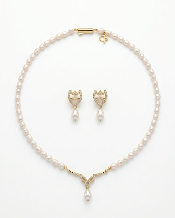 Regal Tiara Motif Gold Plated Pearl Jewellery Set