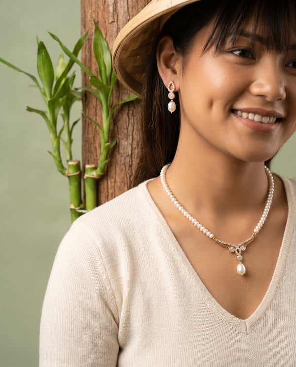 Luxury Gold Plated CZ Pearl Jewellery Set
