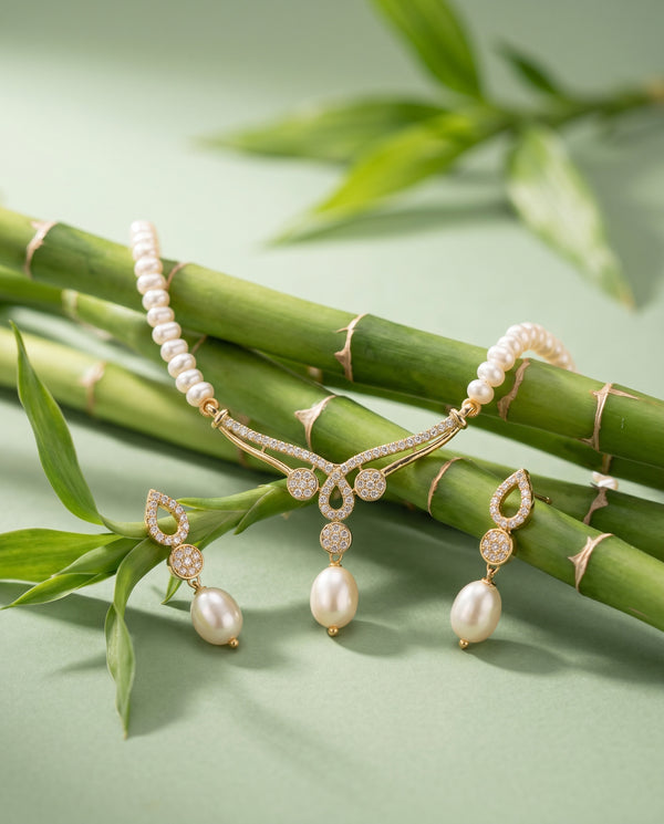 Luxury Gold Plated CZ Pearl Jewellery Set