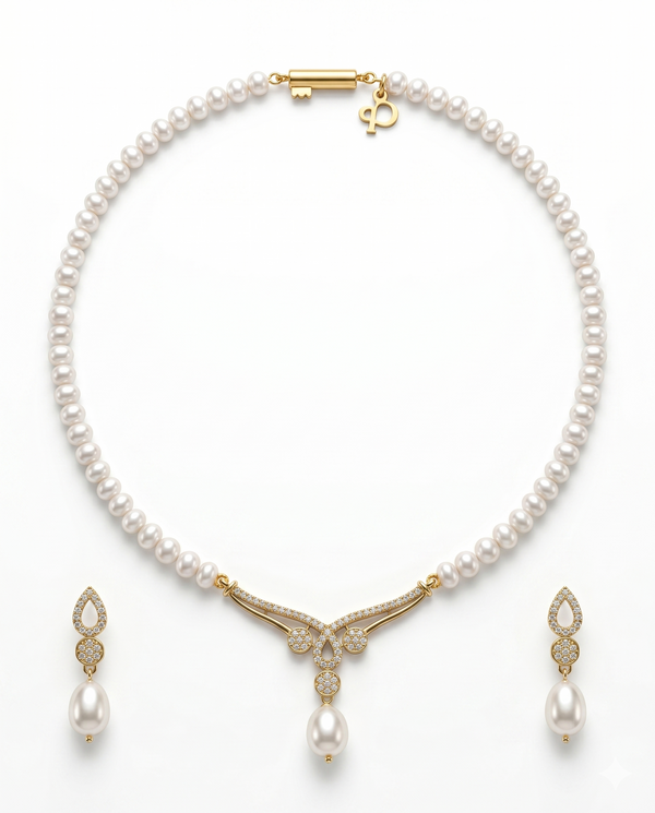Luxury Gold Plated CZ Pearl Jewellery Set