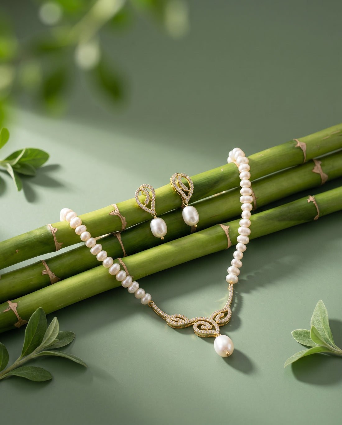 Romantic Swirl CZ Pearl Necklace & Earrings Set