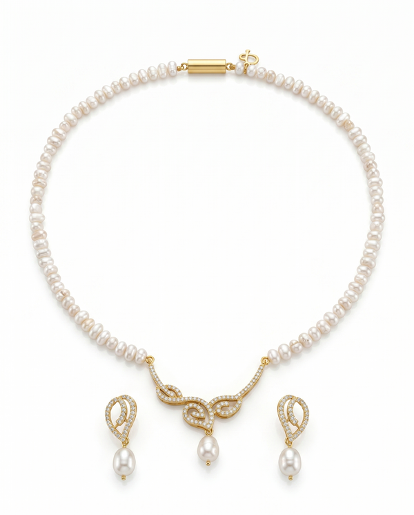 Romantic Swirl CZ Pearl Necklace & Earrings Set