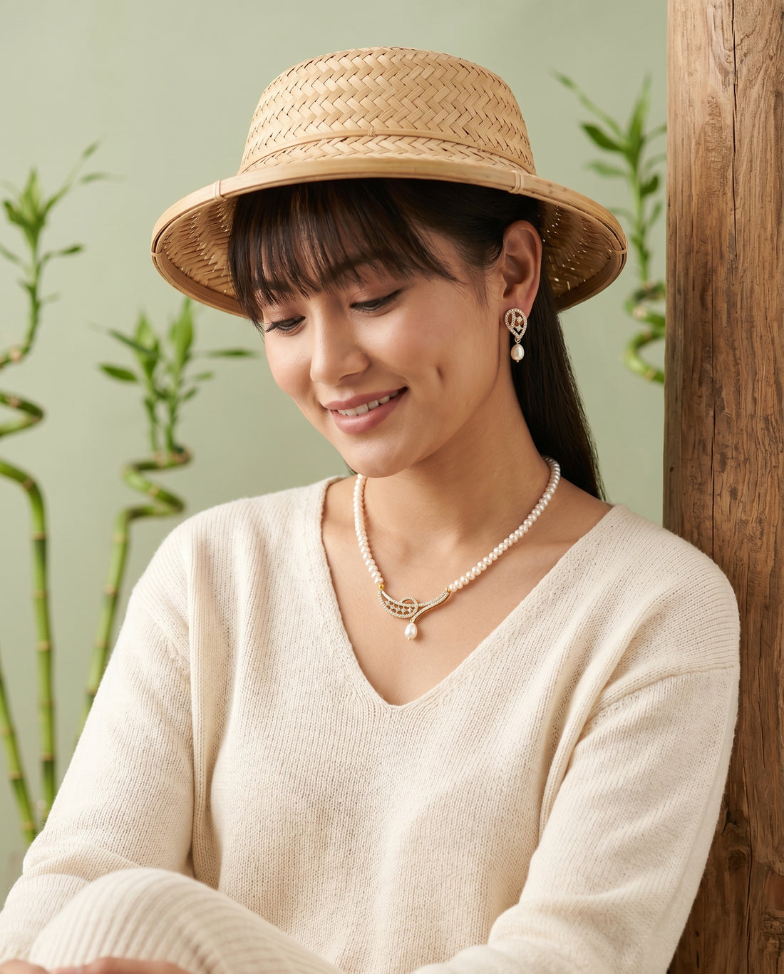 Elegant Crescent Loop CZ  Pearl Necklace & Earrings Set