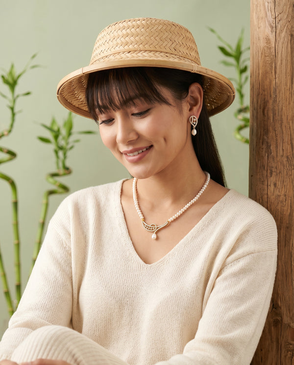 Elegant Crescent Loop CZ  Pearl Necklace & Earrings Set