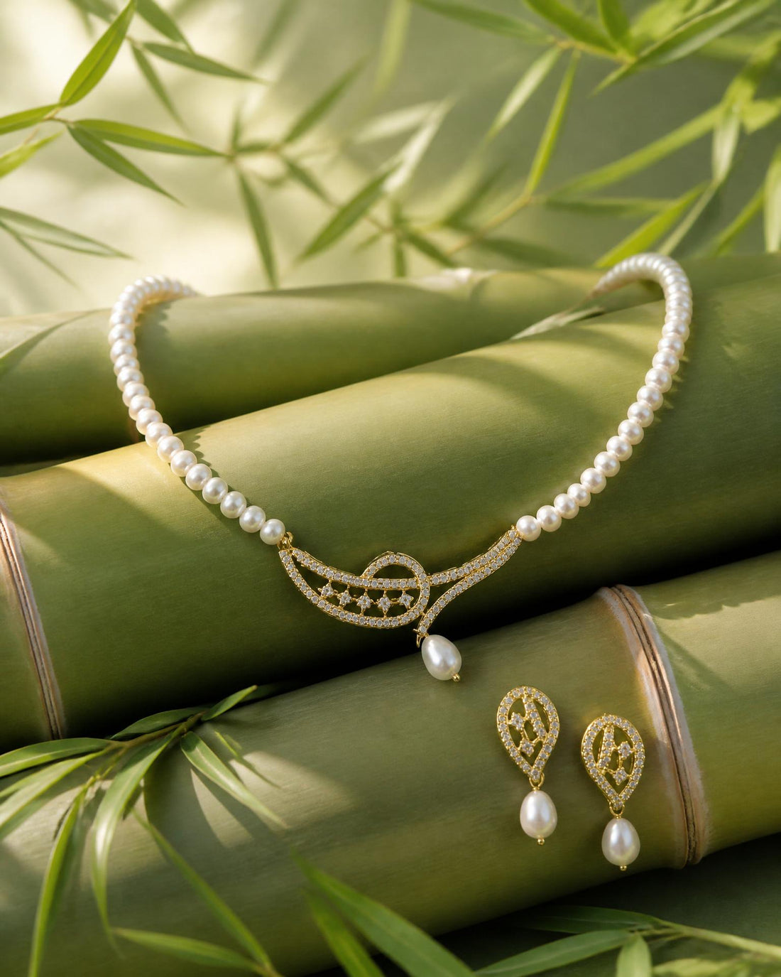 Elegant Crescent Loop CZ  Pearl Necklace & Earrings Set