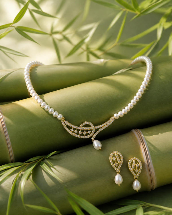 Elegant Crescent Loop CZ  Pearl Necklace & Earrings Set