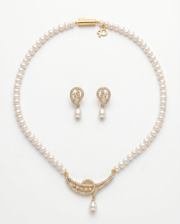 Elegant Crescent Loop CZ  Pearl Necklace & Earrings Set