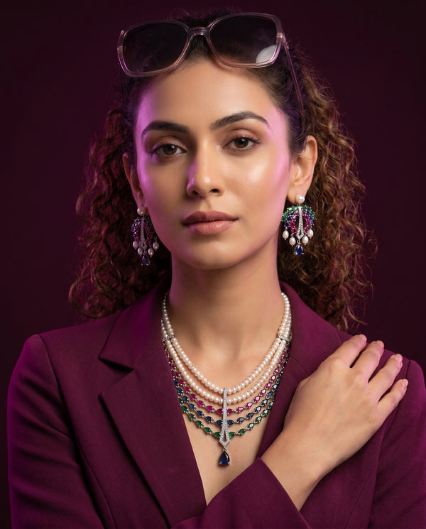 Luxury Double-Strand Pearl CZ Necklace Set