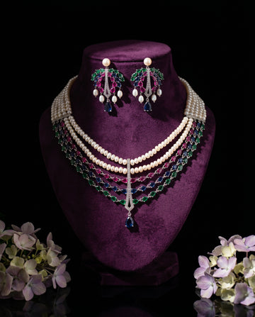 Luxury Double-Strand Pearl CZ Necklace Set