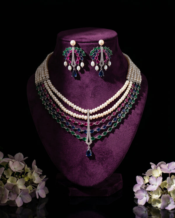 Luxury Double-Strand Pearl CZ Necklace Set