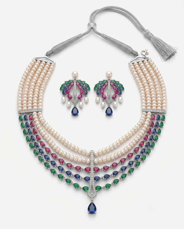 Luxury Double-Strand Pearl CZ Necklace Set