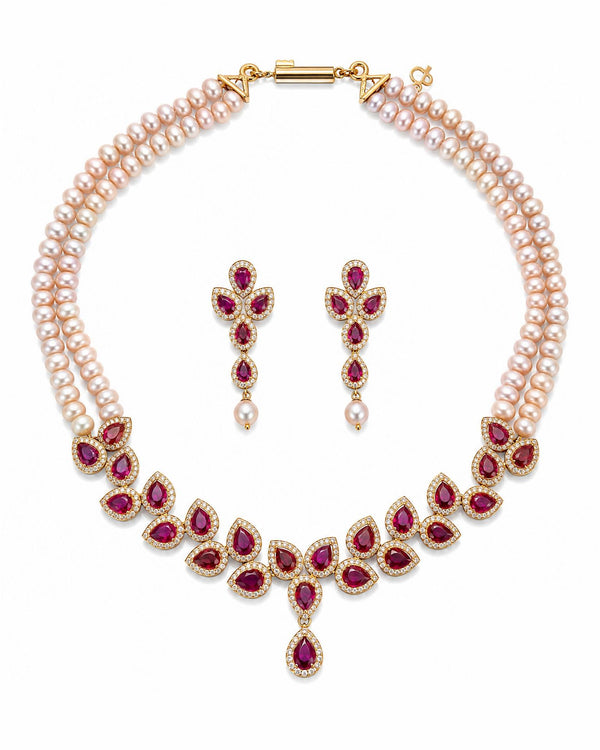 Regal Double-Strand Gold Plated Blush Pearl Jewellery Set