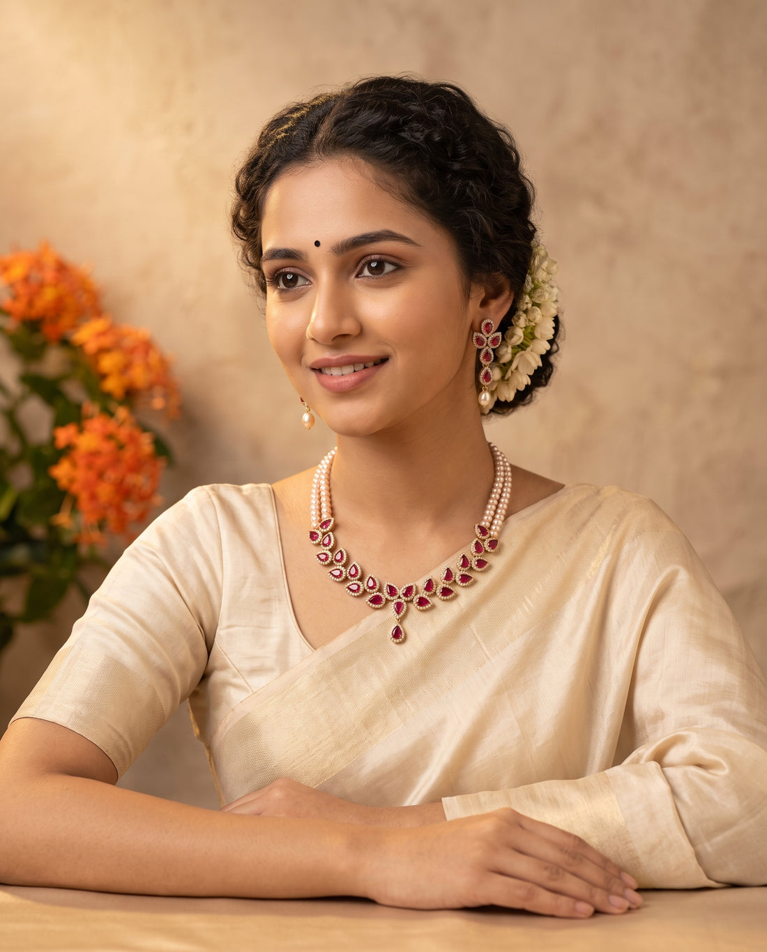 Regal Double-Strand Gold Plated Blush Pearl Jewellery Set