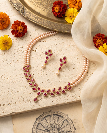 Regal Double-Strand Gold Plated Blush Pearl Jewellery Set