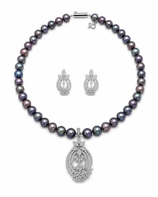 Exquisite Ornate Crystal Black Pearl Jewellery Set