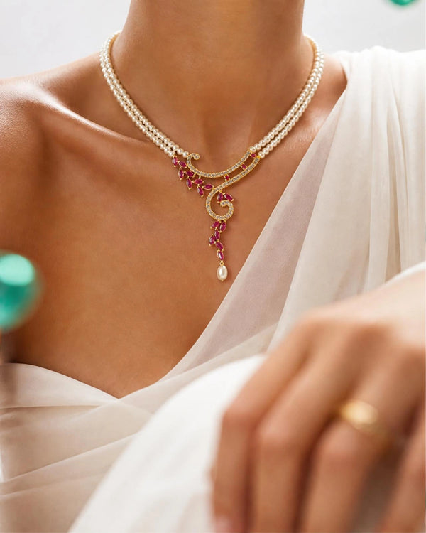 Modern Asymmetrical Vine Pearl Set with Marquise Ruby & CZ Accents