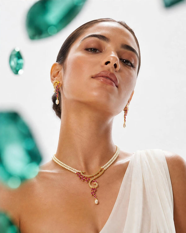 Modern Asymmetrical Vine Pearl Set with Marquise Ruby & CZ Accents