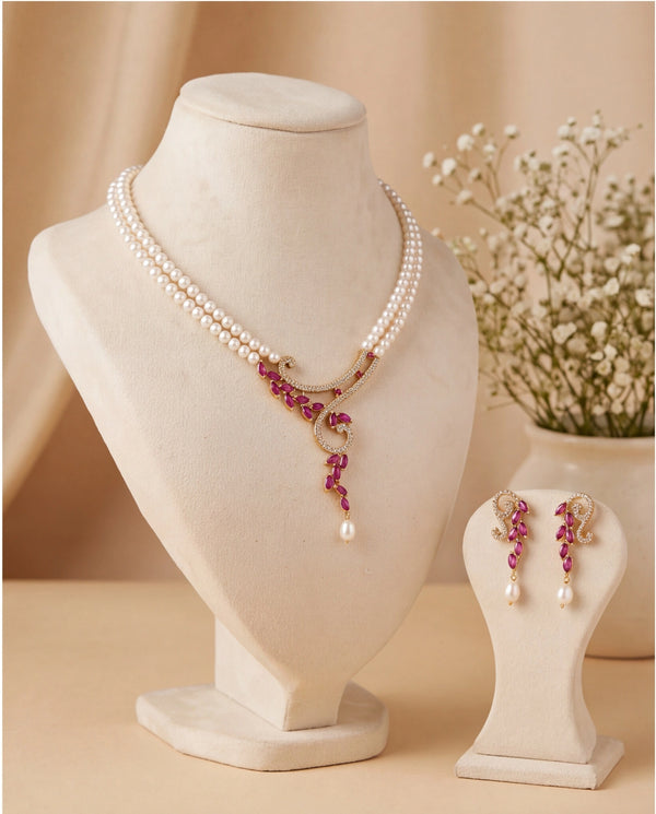 Modern Asymmetrical Vine Pearl Set with Marquise Ruby & CZ Accents