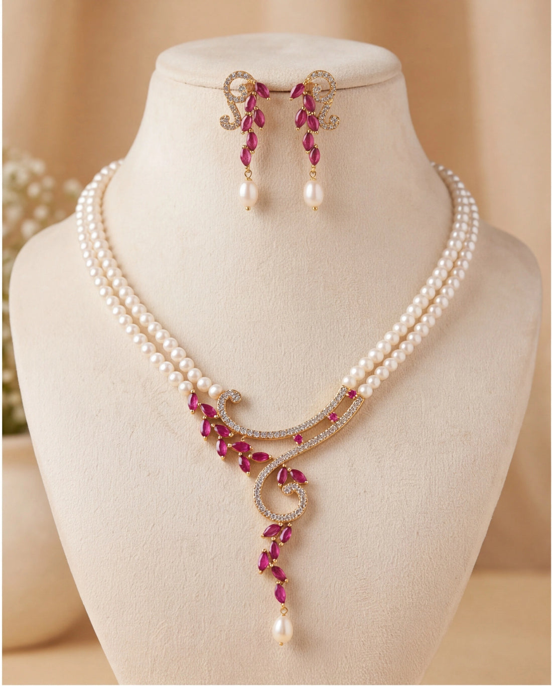 Modern Asymmetrical Vine Pearl Set with Marquise Ruby & CZ Accents