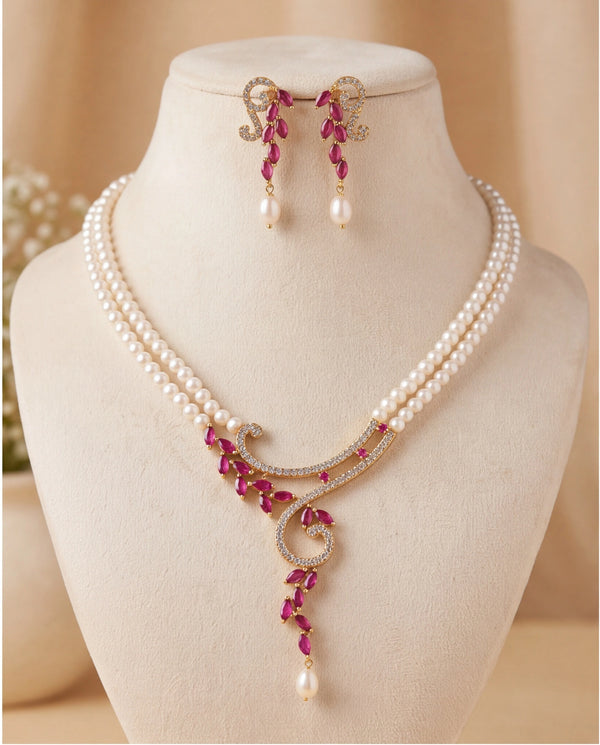 Modern Asymmetrical Vine Pearl Set with Marquise Ruby & CZ Accents