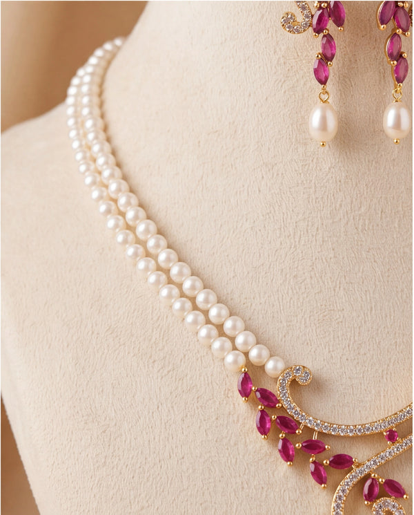 Modern Asymmetrical Vine Pearl Set with Marquise Ruby & CZ Accents