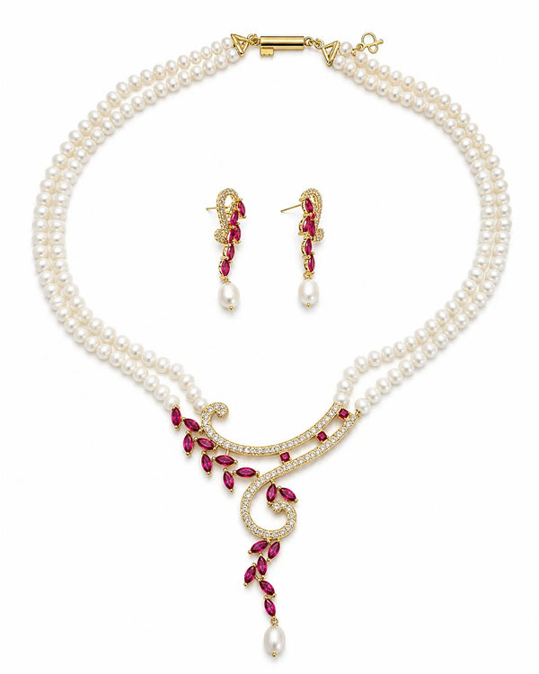 Modern Asymmetrical Vine Pearl Set with Marquise Ruby & CZ Accents