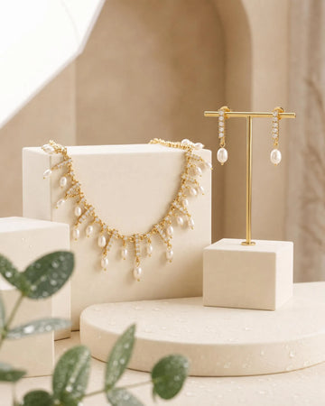Imperial CZ & Pearl Fringe Statement Necklace Set